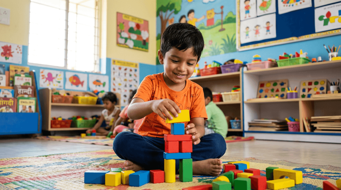 Child learning through play in comfortable everyday clothes