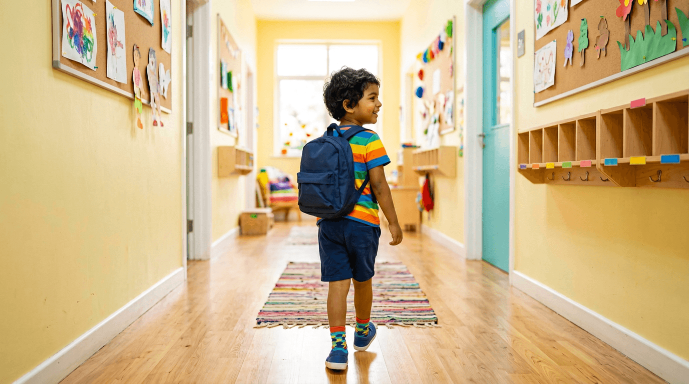 A confident first step into preschool in simple casual attire